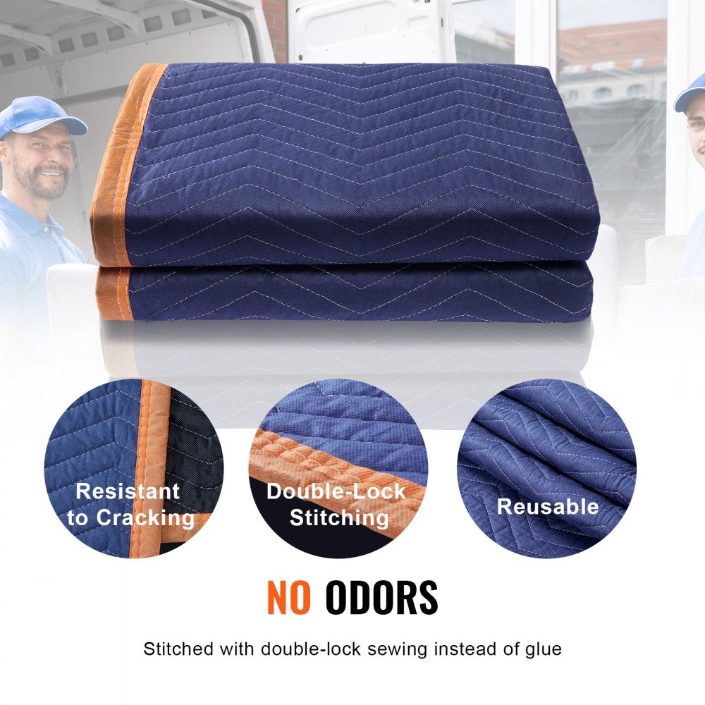 VEVOR Moving Blankets, 80" x 72", 35 lbs/dz Weight, 12 Packs, Professional Non-Woven & Recycled Cotton Packing Blanket, Heavy Duty Mover Pads for Protecting Furniture, Floors, Appliances, Blue/Orange 