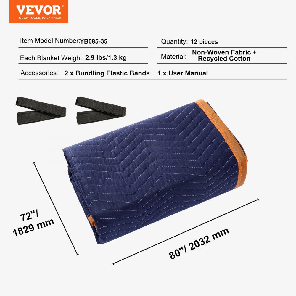 VEVOR Moving Blankets, 80" x 72", 35 lbs/dz Weight, 12 Packs, Professional Non-Woven & Recycled Cotton Packing Blanket, Heavy Duty Mover Pads for Protecting Furniture, Floors, Appliances, Blue/Orange 