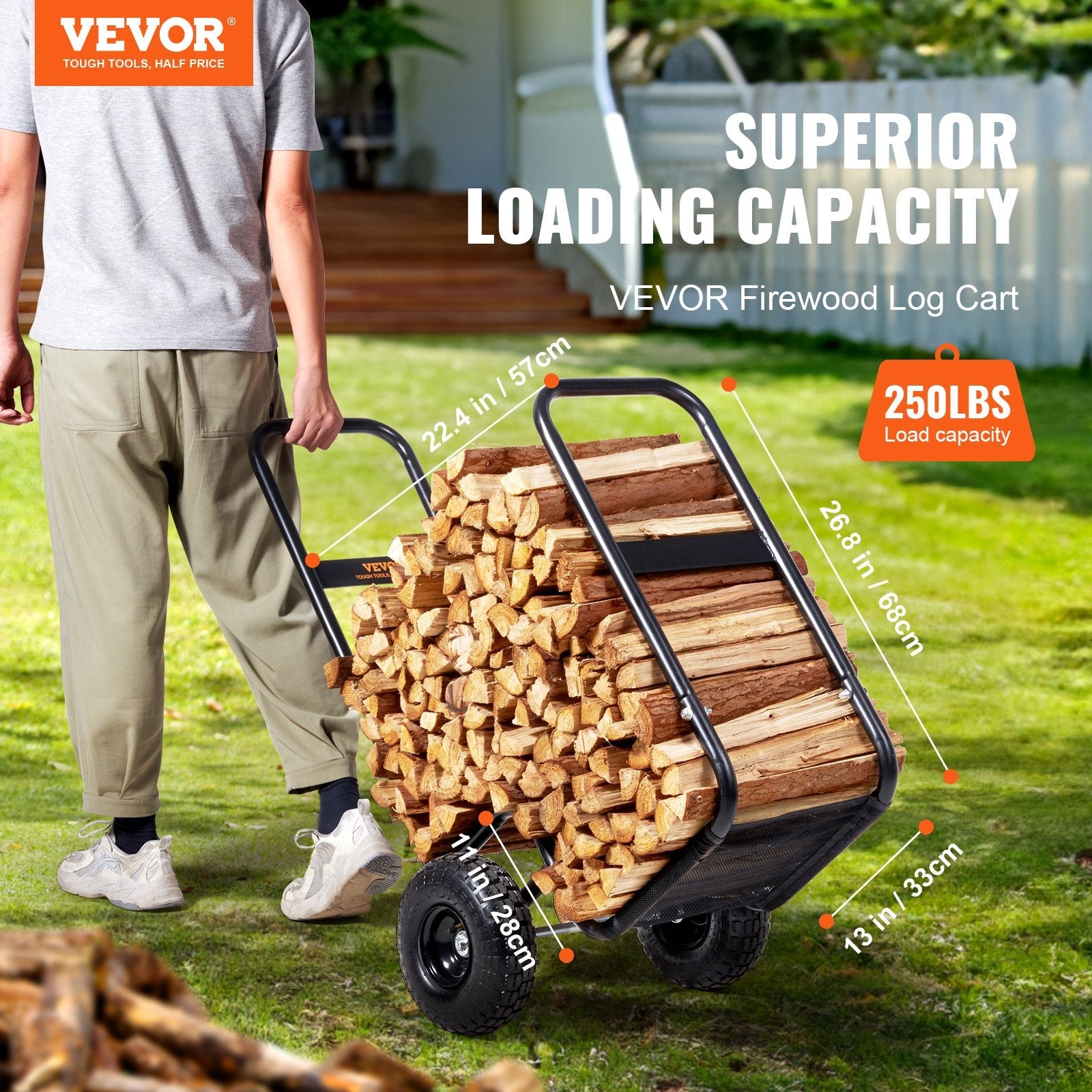 VEVOR Firewood Log Cart, 250 lbs Load Capacity, Outdoor and Indoor Wood Rack Storage Mover with Pneumatic Rubber Wheels, Heavy Duty Steel Dolly Hauler, Firewood Carrier for Fireplace, Fire Pit, Black 