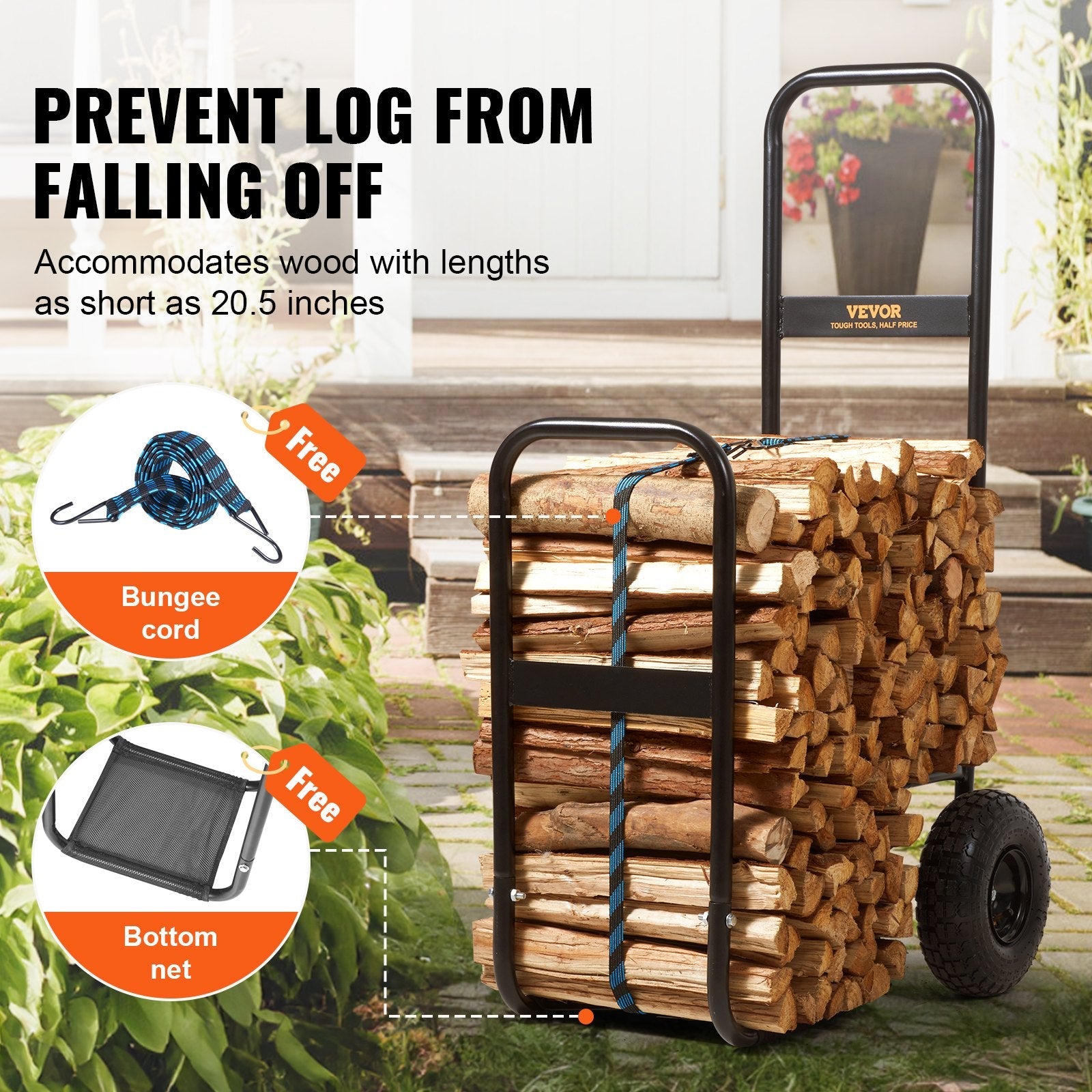 VEVOR Firewood Log Cart, 250 lbs Load Capacity, Outdoor and Indoor Wood Rack Storage Mover with Pneumatic Rubber Wheels, Heavy Duty Steel Dolly Hauler, Firewood Carrier for Fireplace, Fire Pit, Black 