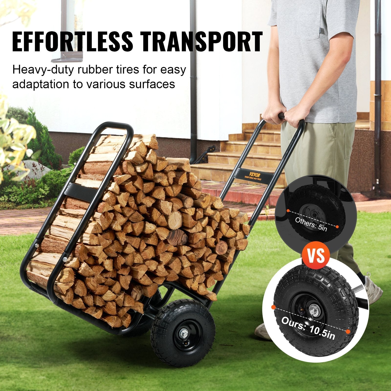 VEVOR Firewood Log Cart, 250 lbs Load Capacity, Outdoor and Indoor Wood Rack Storage Mover with Pneumatic Rubber Wheels, Heavy Duty Steel Dolly Hauler, Firewood Carrier for Fireplace, Fire Pit, Black 