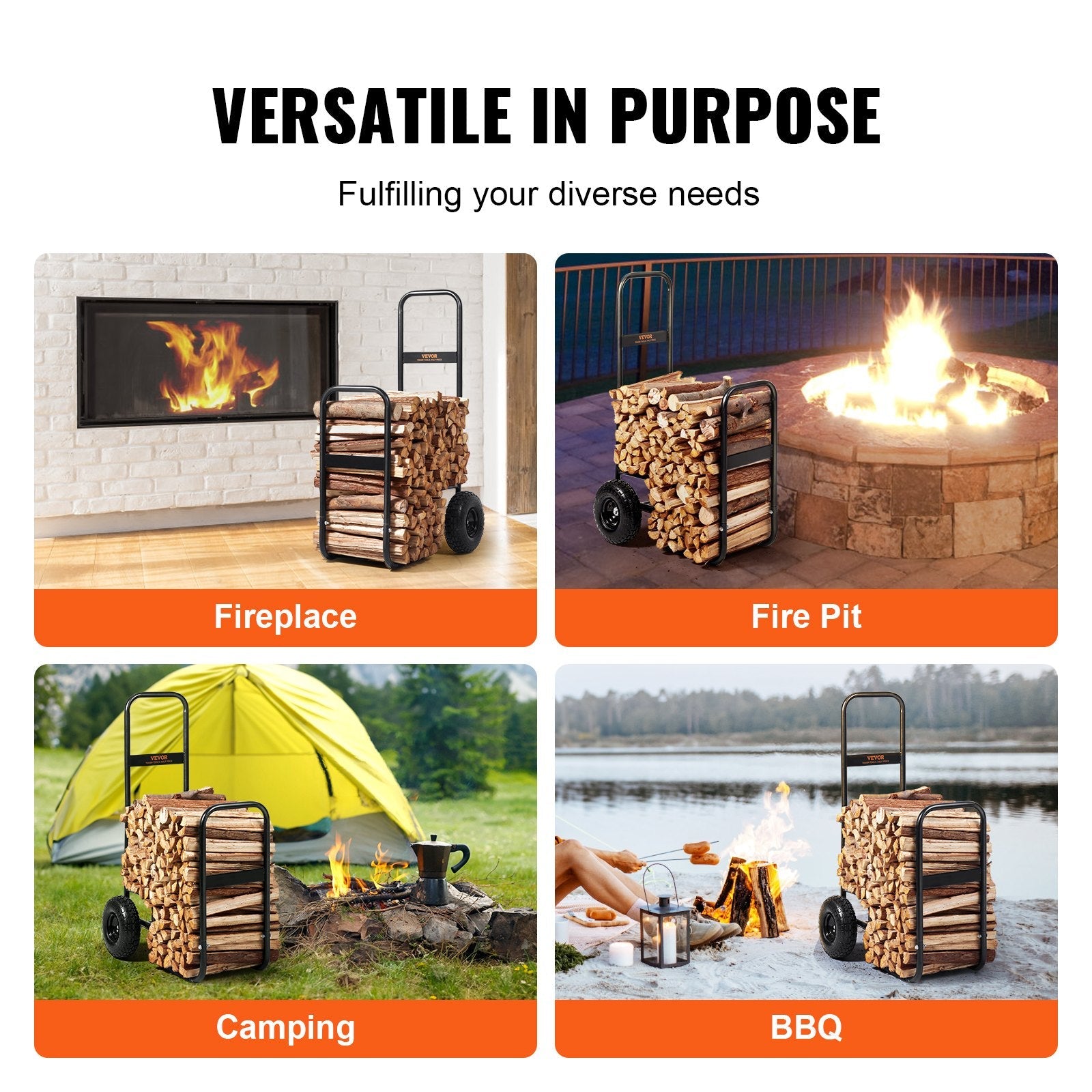 VEVOR Firewood Log Cart, 250 lbs Load Capacity, Outdoor and Indoor Wood Rack Storage Mover with Pneumatic Rubber Wheels, Heavy Duty Steel Dolly Hauler, Firewood Carrier for Fireplace, Fire Pit, Black 
