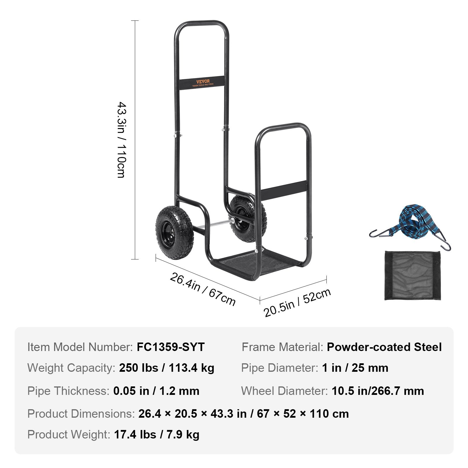VEVOR Firewood Log Cart, 250 lbs Load Capacity, Outdoor and Indoor Wood Rack Storage Mover with Pneumatic Rubber Wheels, Heavy Duty Steel Dolly Hauler, Firewood Carrier for Fireplace, Fire Pit, Black 