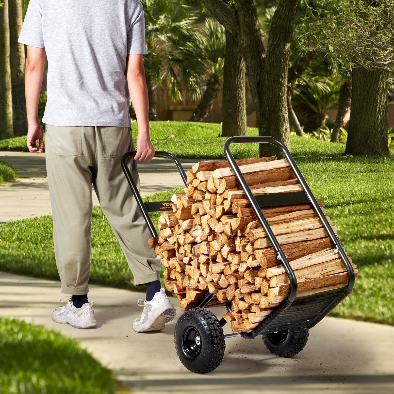 VEVOR Firewood Log Cart, 250 lbs Load Capacity, Outdoor and Indoor Wood Rack Storage Mover with Pneumatic Rubber Wheels, Heavy Duty Steel Dolly Hauler, Firewood Carrier for Fireplace, Fire Pit, Black 