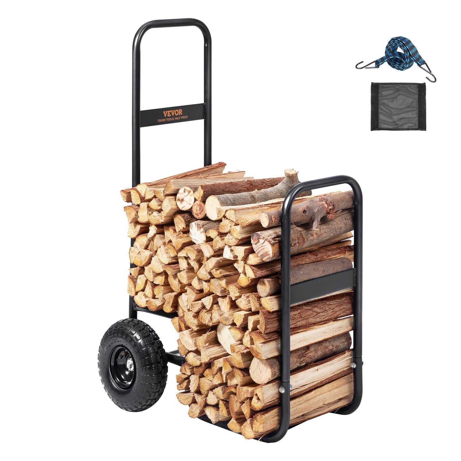 VEVOR Firewood Log Cart, 250 lbs Load Capacity, Outdoor and Indoor Wood Rack Storage Mover with Pneumatic Rubber Wheels, Heavy Duty Steel Dolly Hauler, Firewood Carrier for Fireplace, Fire Pit, Black 