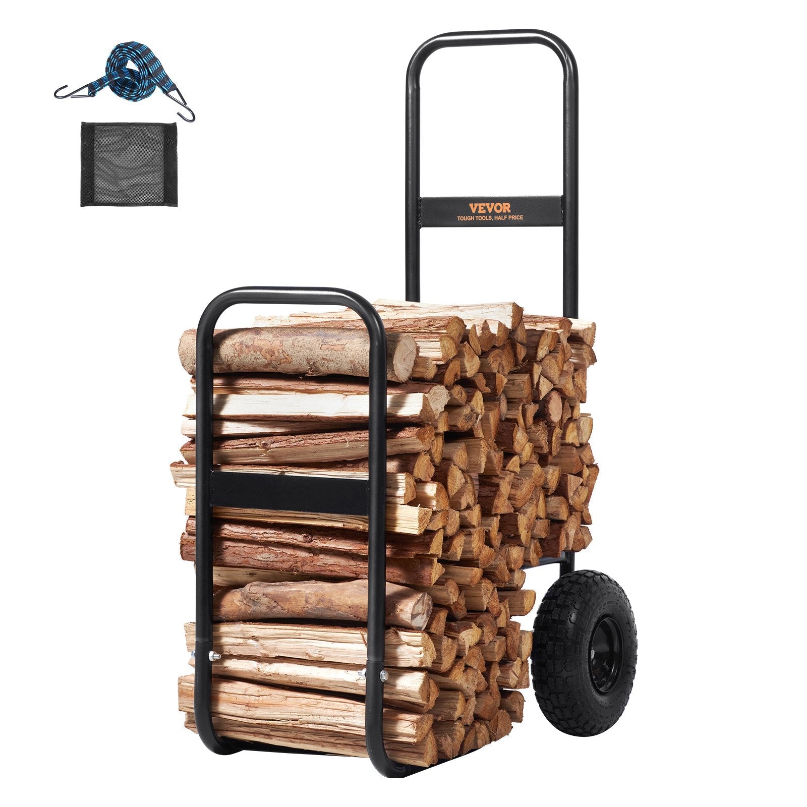 VEVOR Firewood Log Cart, 250 lbs Load Capacity, Outdoor and Indoor Wood Rack Storage Mover with Pneumatic Rubber Wheels, Heavy Duty Steel Dolly Hauler, Firewood Carrier for Fireplace, Fire Pit, Black 