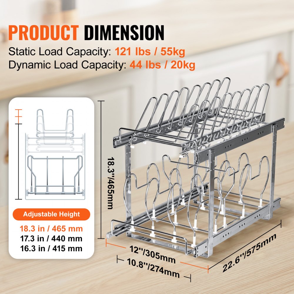 VEVOR Pan and Pot Rack, 2-Tier Expandable Pull Out Under Cabinet Organizer, Cookie Sheet Baking Pans Tray Racks, Adjustable Wire Dividers, Steel Lid Holder for Kitchen Cabinet & Pantry Storage, 12"W 