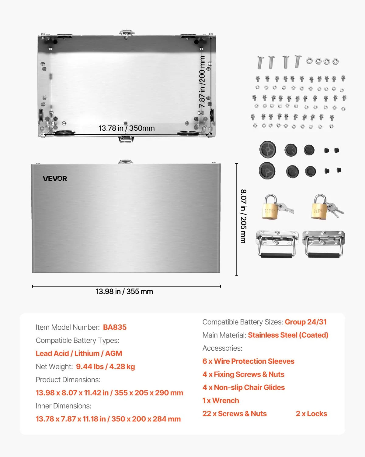 VEVOR Battery Box Group 24/31 Stainless Steel Shell for Cars & Trolling Motors