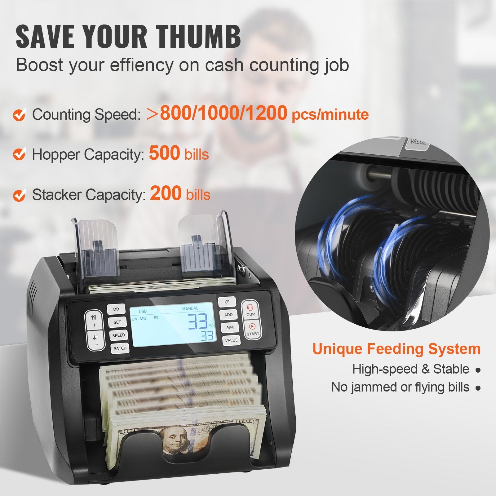 VEVOR Money Counter Machine, Bill Counter with UV, MG, IR and DD Counterfeit Detection, USD & EUR Cash Counting Machine with Add and Batch Modes, Large LCD & External Display, Not applicable to Canadian dollars 