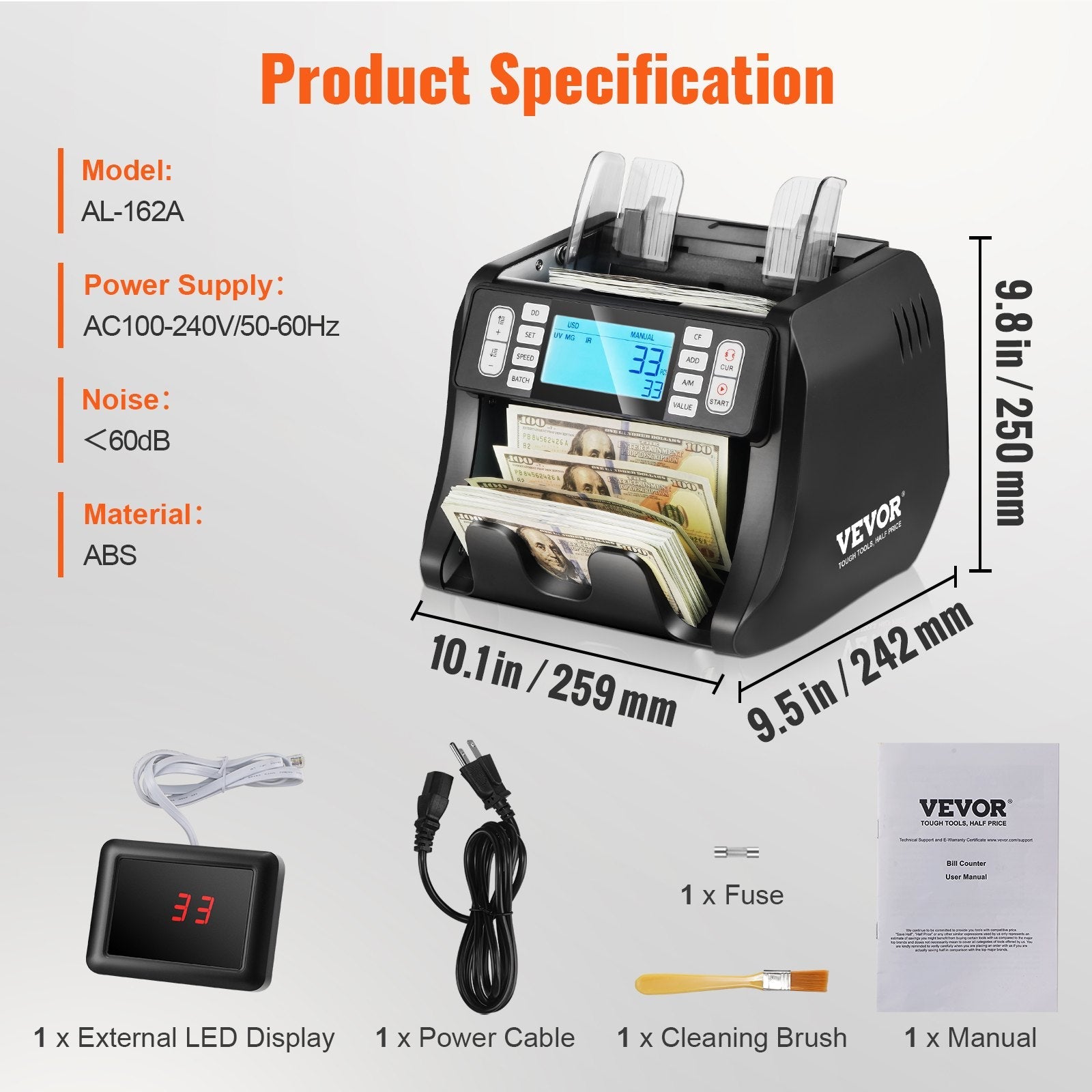 VEVOR Money Counter Machine, Bill Counter with UV, MG, IR and DD Counterfeit Detection, USD & EUR Cash Counting Machine with Add and Batch Modes, Large LCD & External Display, Not applicable to Canadian dollars 
