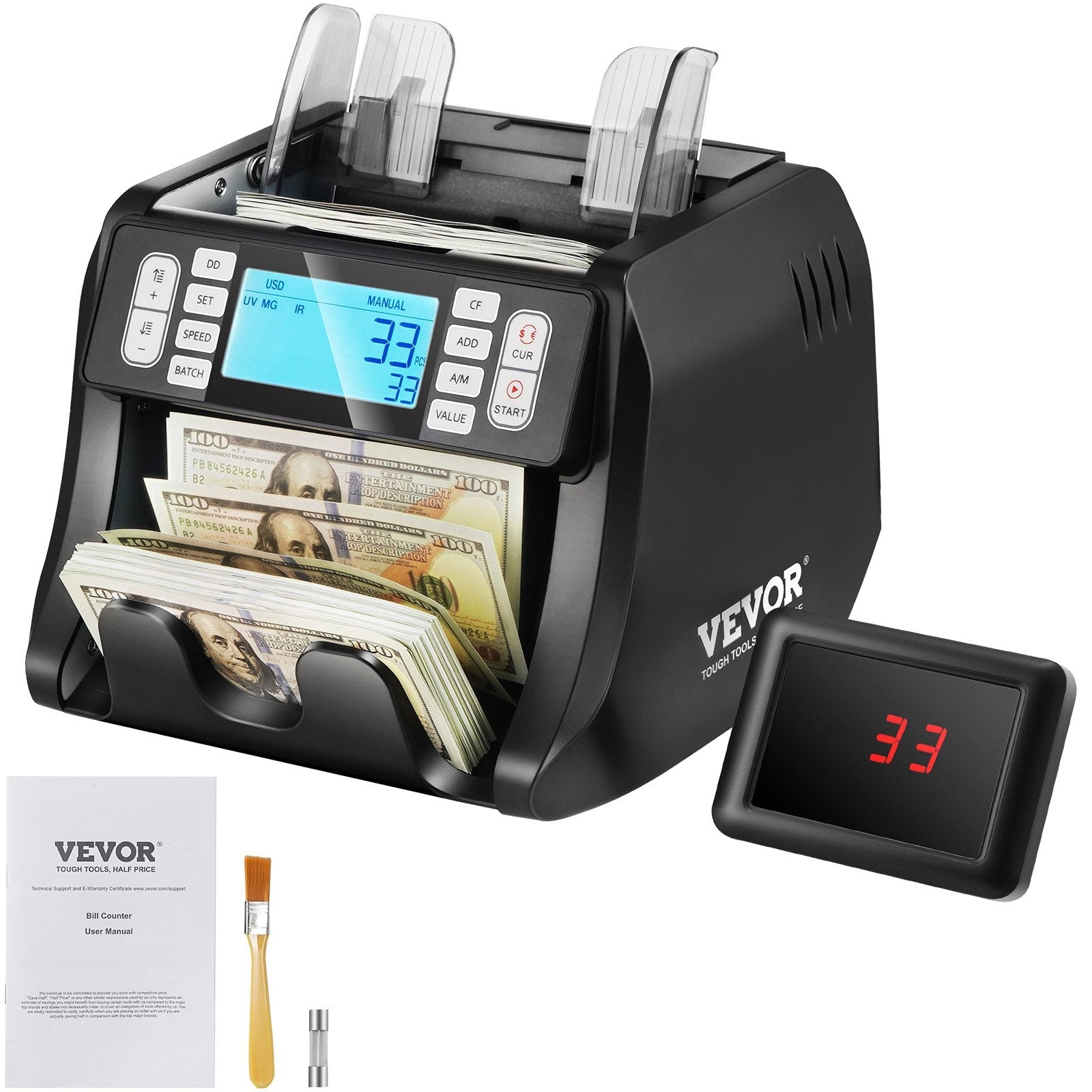 VEVOR Money Counter Machine, Bill Counter with UV, MG, IR and DD Counterfeit Detection, USD & EUR Cash Counting Machine with Add and Batch Modes, Large LCD & External Display, Not applicable to Canadian dollars 