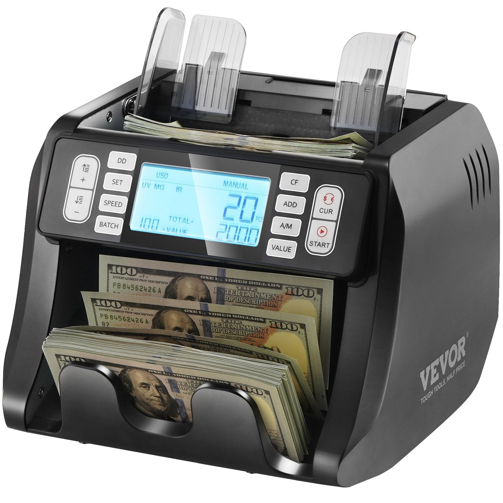 VEVOR Money Counter Machine, Bill Counter with UV, MG, IR and DD Counterfeit Detection, USD & EUR Cash Counting Machine with Add and Batch Modes, Large LCD & External Display, Not applicable to Canadian dollars 