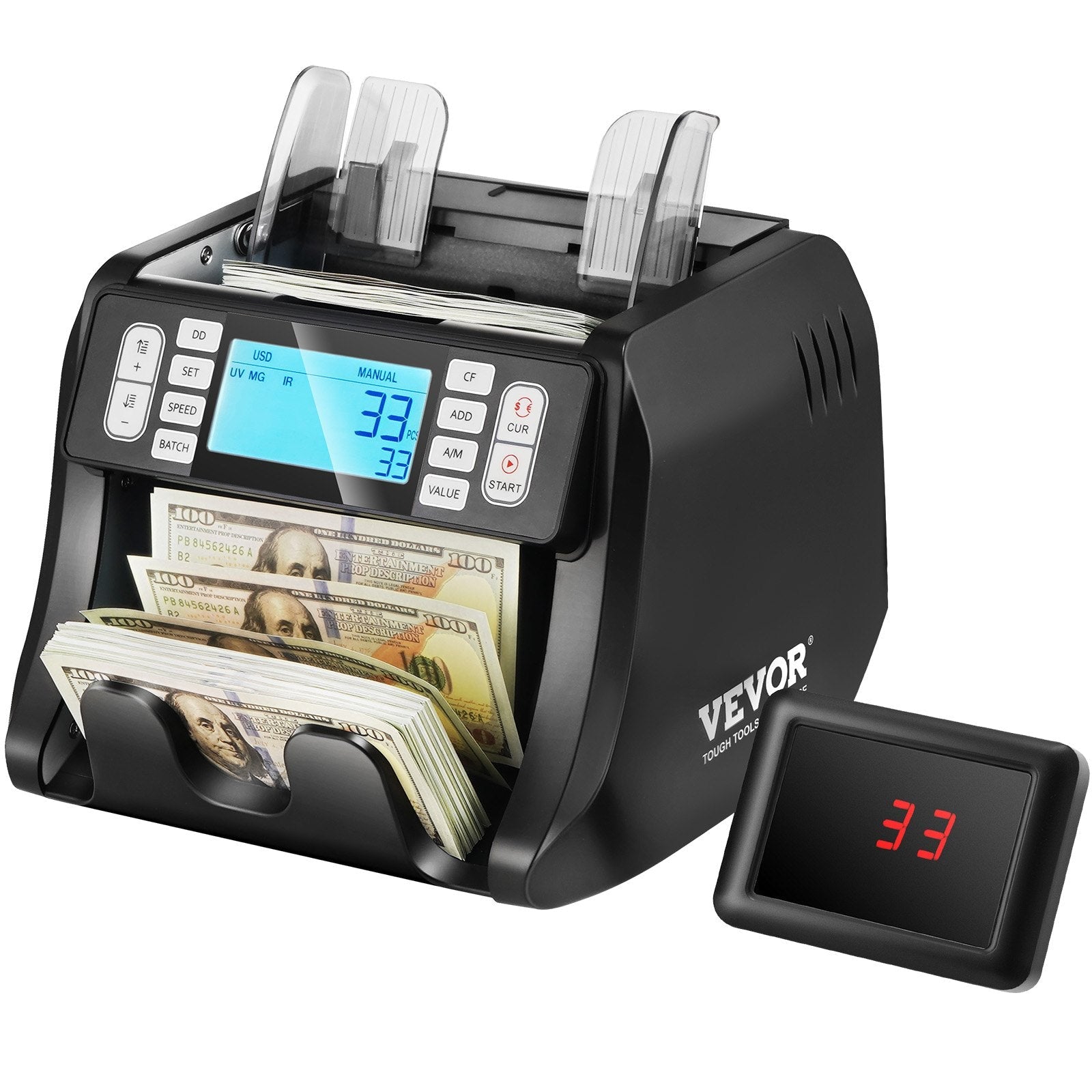 VEVOR Money Counter Machine, Bill Counter with UV, MG, IR and DD Counterfeit Detection, USD & EUR Cash Counting Machine with Add and Batch Modes, Large LCD & External Display, Not applicable to Canadian dollars 