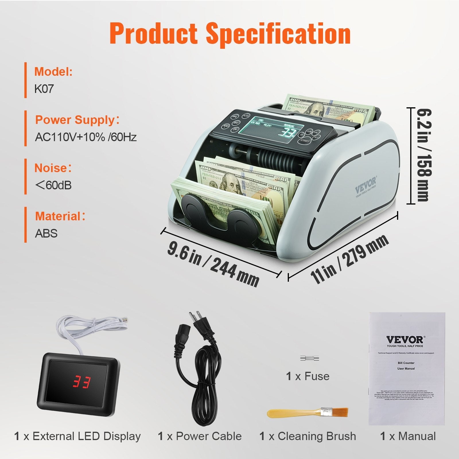 VEVOR Money Counter Machine, Bill Counter with UV, MG, IR and DD Counterfeit Detection, USD & EUR Cash Counting Machine with Large LCD & External Display for Small Business?Not applicable to Canadian dollars 