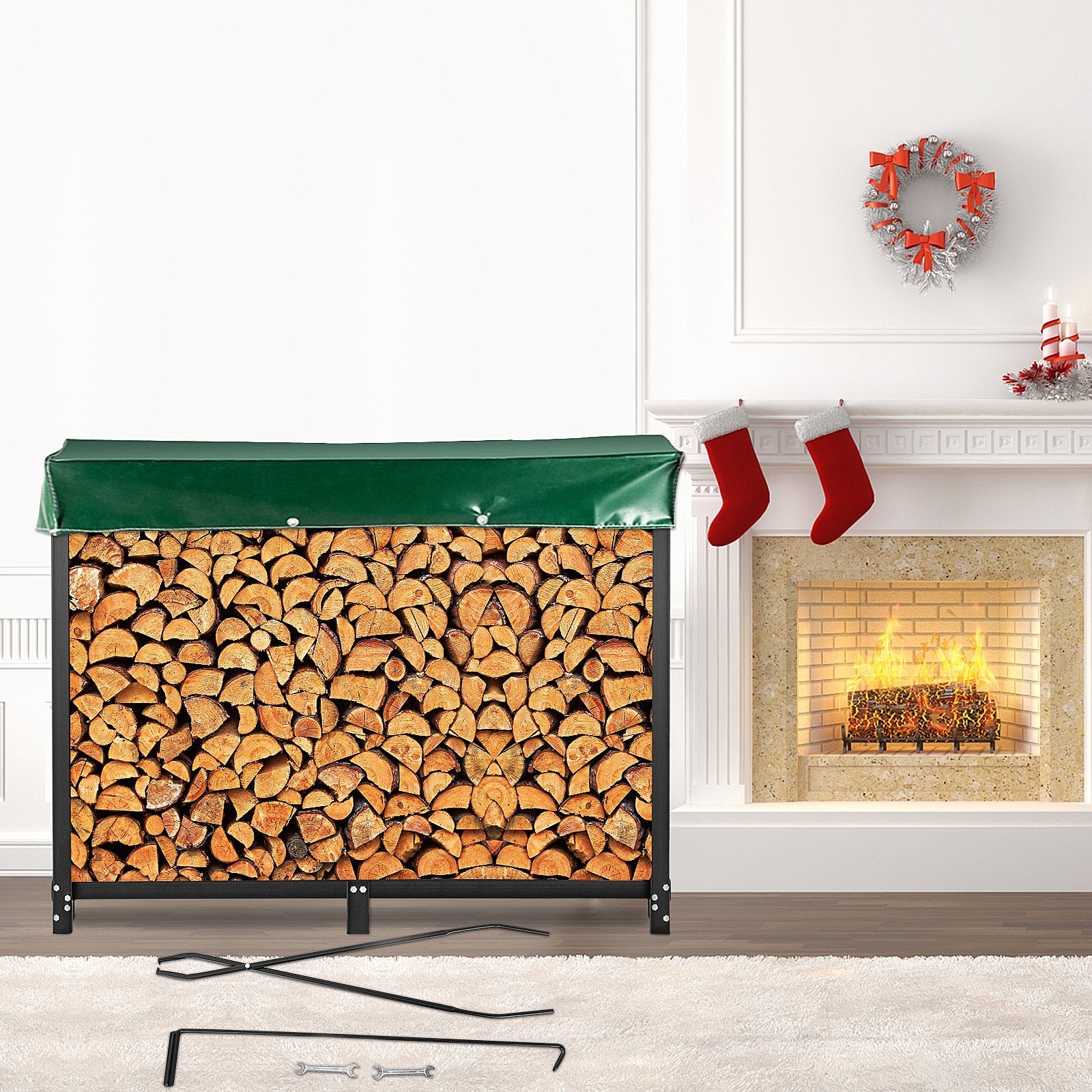 VEVOR Firewood Log Rack, 8ft Firewood Rack Outdoor, Black Firewood Rack stand, Steel Outdoor Wood Rack, Firewood Log Holder with Load Capacity 1300lbs, Firewood Rack with Cover & Fireplace Tool Set 