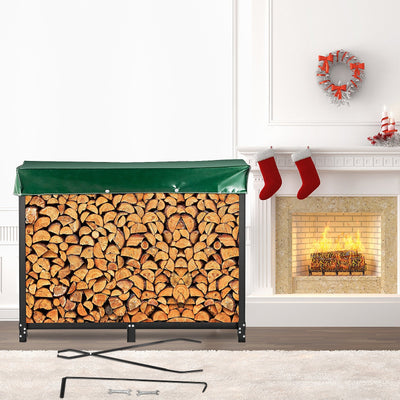 VEVOR Firewood Log Rack, 8ft Firewood Rack Outdoor, Black Firewood Rack stand, Steel Outdoor Wood Rack, Firewood Log Holder with Load Capacity 1300lbs, Firewood Rack with Cover & Fireplace Tool Set 