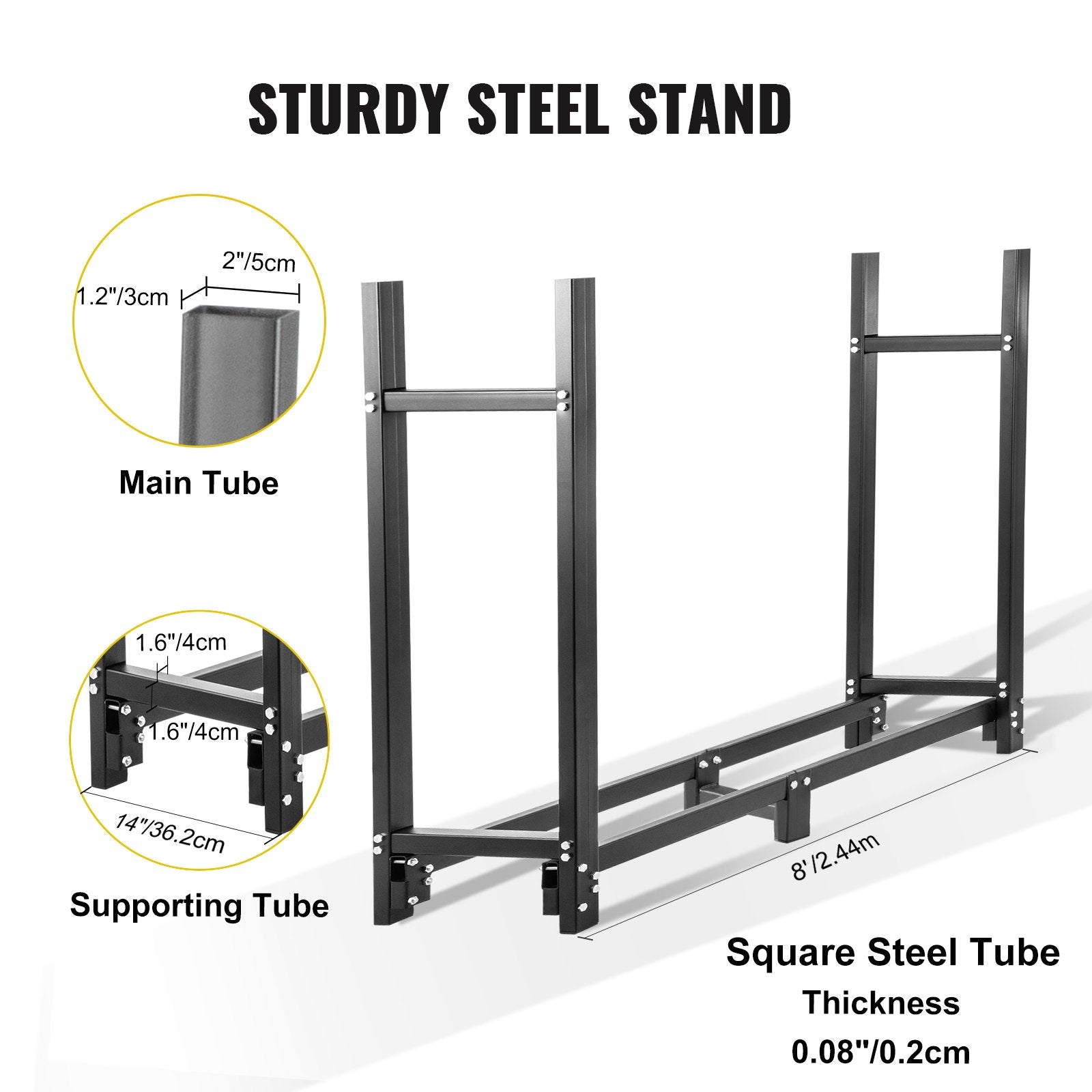 VEVOR Firewood Log Rack, 8ft Firewood Rack Outdoor, Black Firewood Rack stand, Steel Outdoor Wood Rack, Firewood Log Holder with Load Capacity 1300lbs, Firewood Rack with Cover & Fireplace Tool Set 