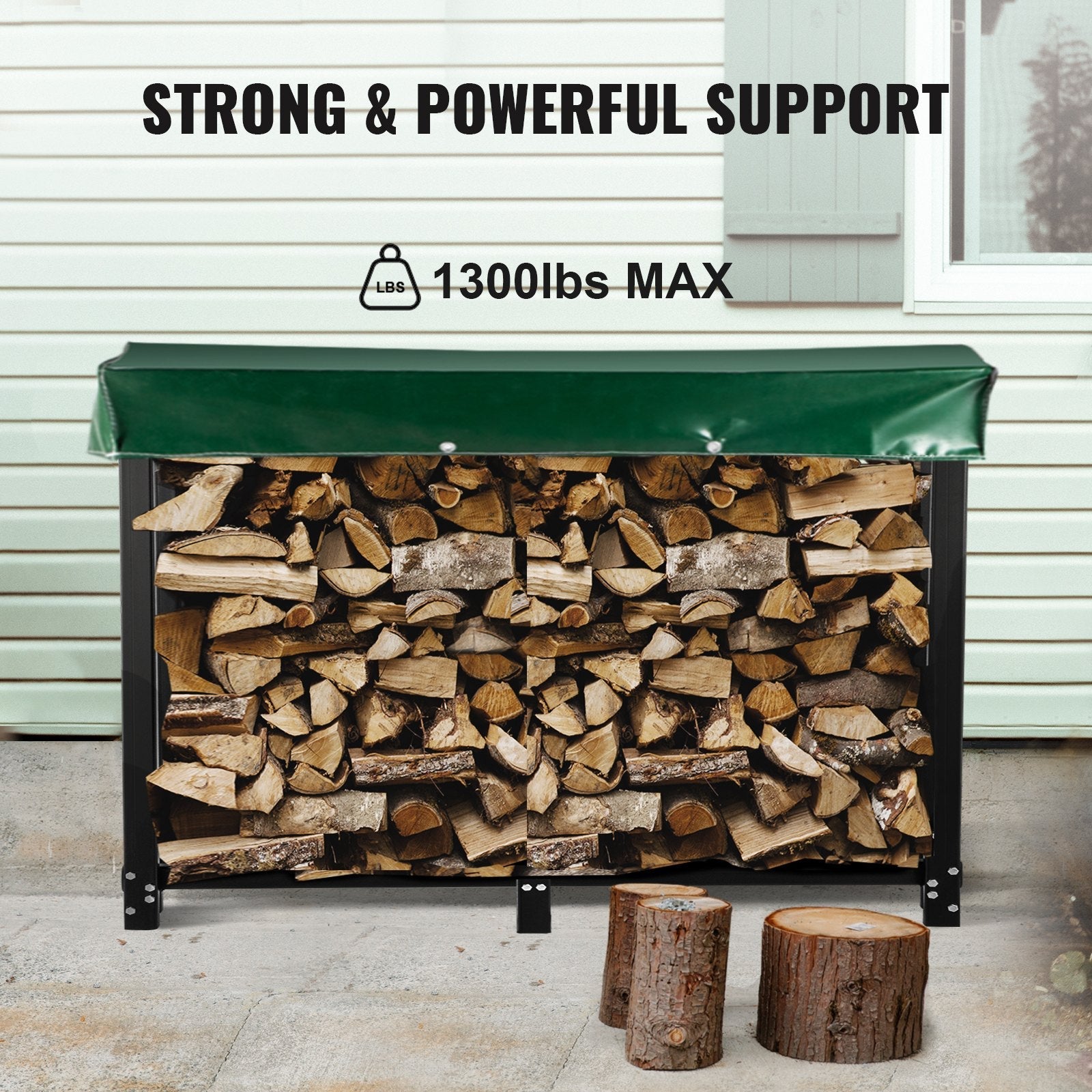 VEVOR Firewood Log Rack, 8ft Firewood Rack Outdoor, Black Firewood Rack stand, Steel Outdoor Wood Rack, Firewood Log Holder with Load Capacity 1300lbs, Firewood Rack with Cover & Fireplace Tool Set 