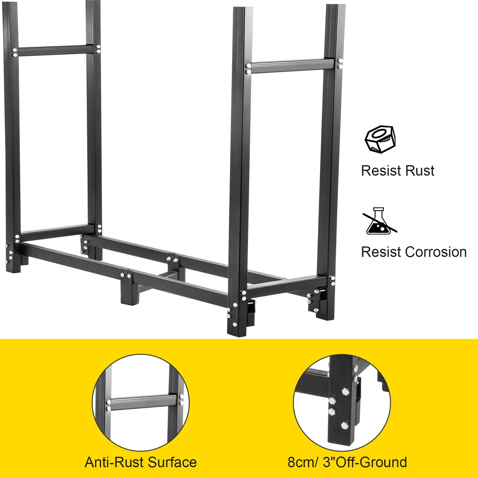 VEVOR Firewood Log Rack, 8ft Firewood Rack Outdoor, Black Firewood Rack stand, Steel Outdoor Wood Rack, Firewood Log Holder with Load Capacity 1300lbs, Firewood Rack with Cover & Fireplace Tool Set 