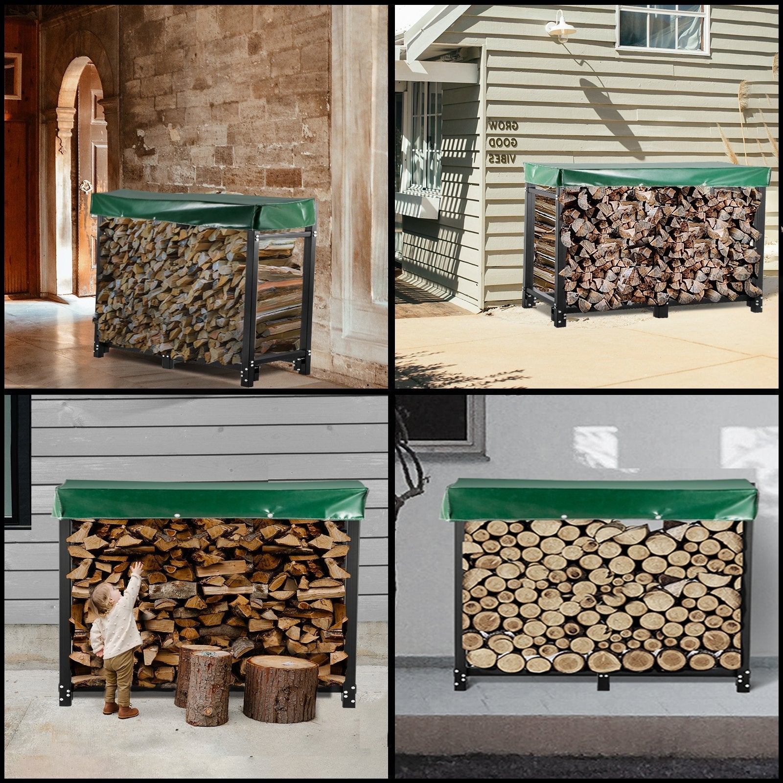 VEVOR Firewood Log Rack, 8ft Firewood Rack Outdoor, Black Firewood Rack stand, Steel Outdoor Wood Rack, Firewood Log Holder with Load Capacity 1300lbs, Firewood Rack with Cover & Fireplace Tool Set 