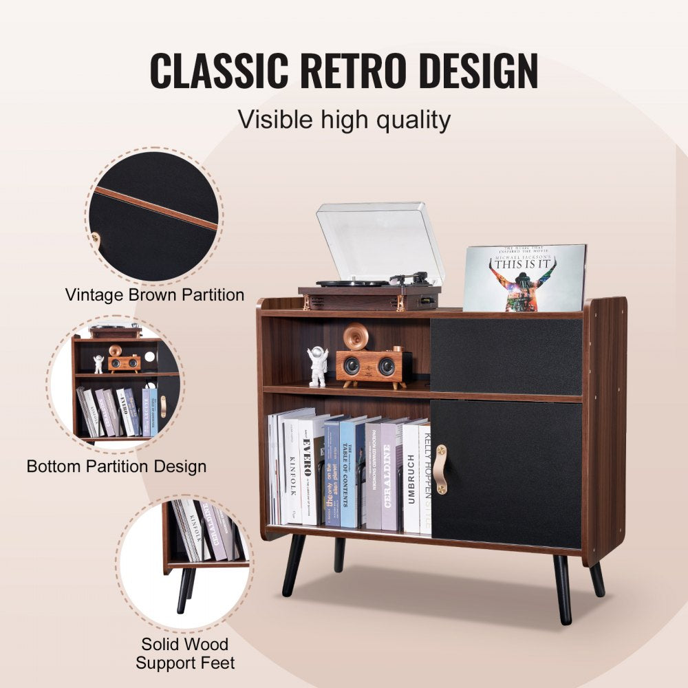 VEVOR Record Player Stand 3-Tier Wooden Turntable Stand Sliding Door Power Strip 