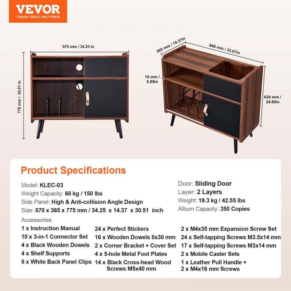 VEVOR Record Player Stand 3-Tier Wooden Turntable Stand Sliding Door Power Strip 
