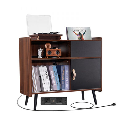 VEVOR Record Player Stand 3-Tier Wooden Turntable Stand Sliding Door Power Strip 