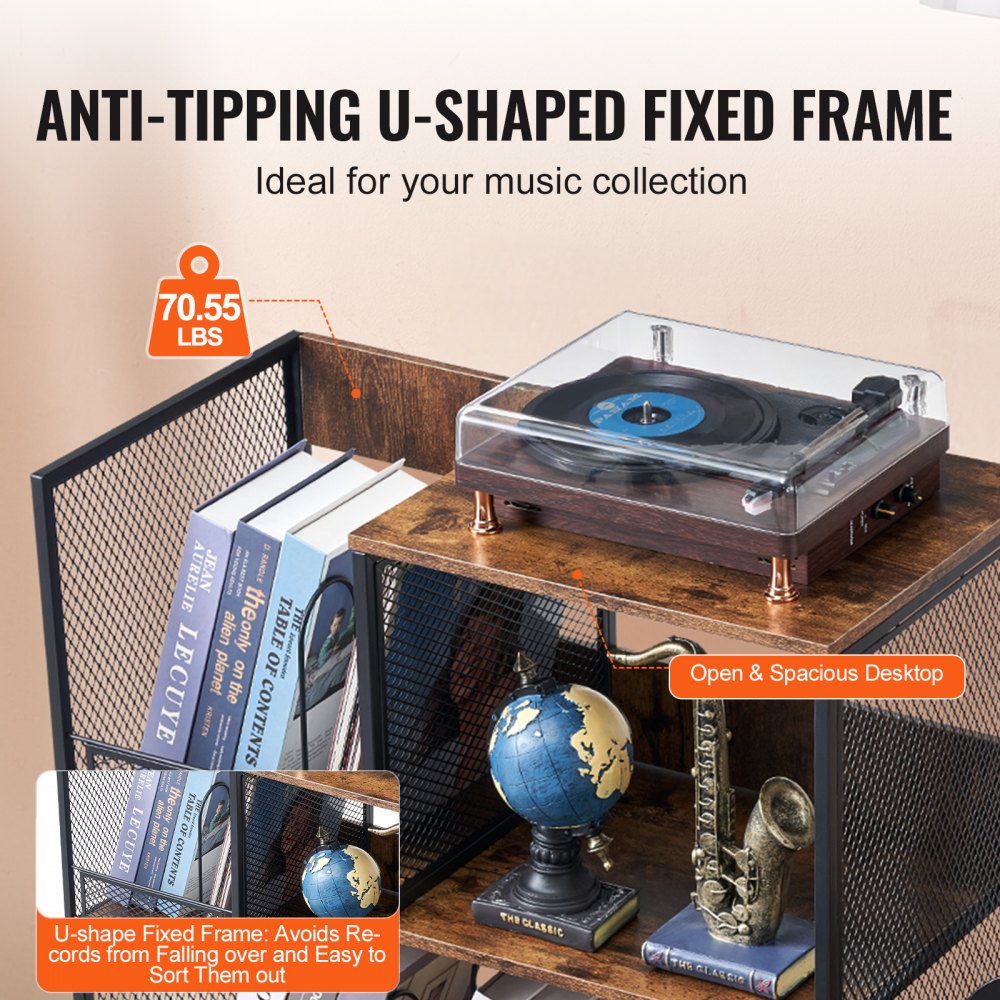 VEVOR Record Player Stand 3-Tier Metal Turntable Stand with Guitar Store Black 