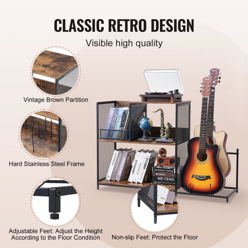 VEVOR Record Player Stand 3-Tier Metal Turntable Stand with Guitar Store Black 