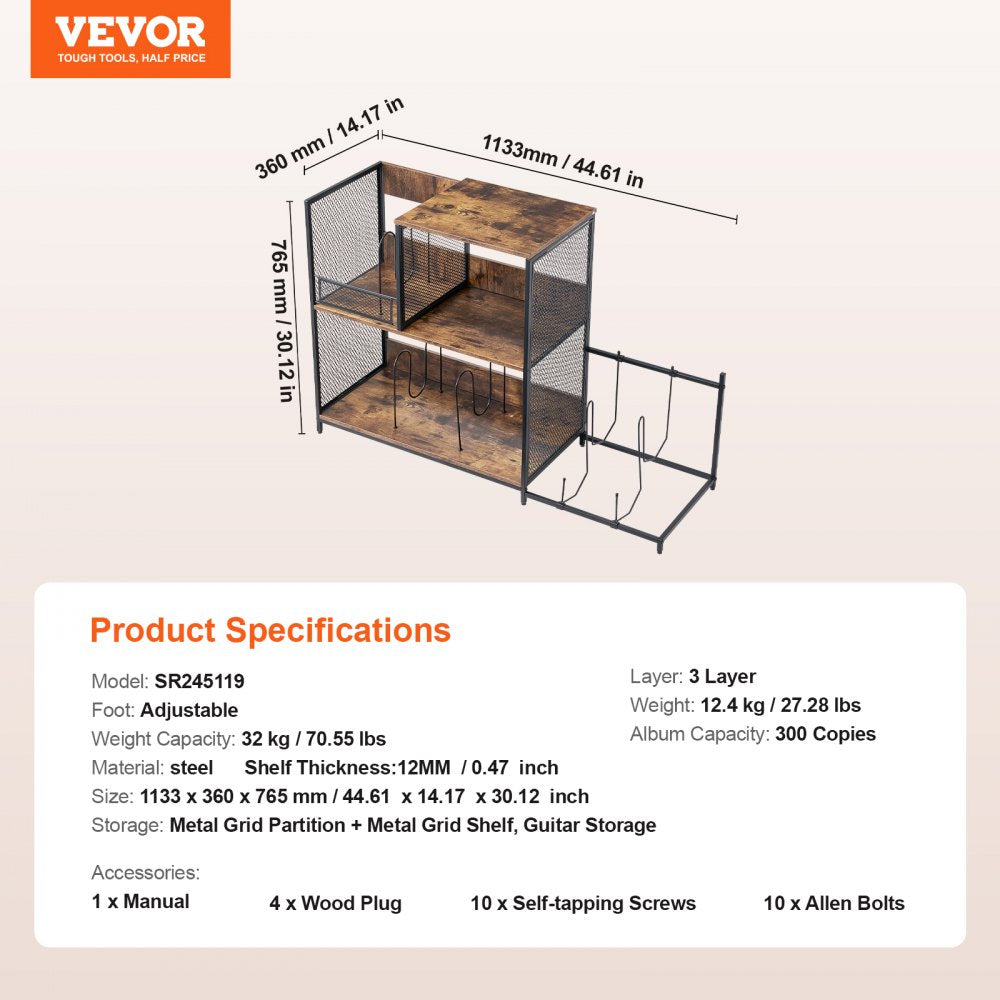 VEVOR Record Player Stand 3-Tier Metal Turntable Stand with Guitar Store Black 