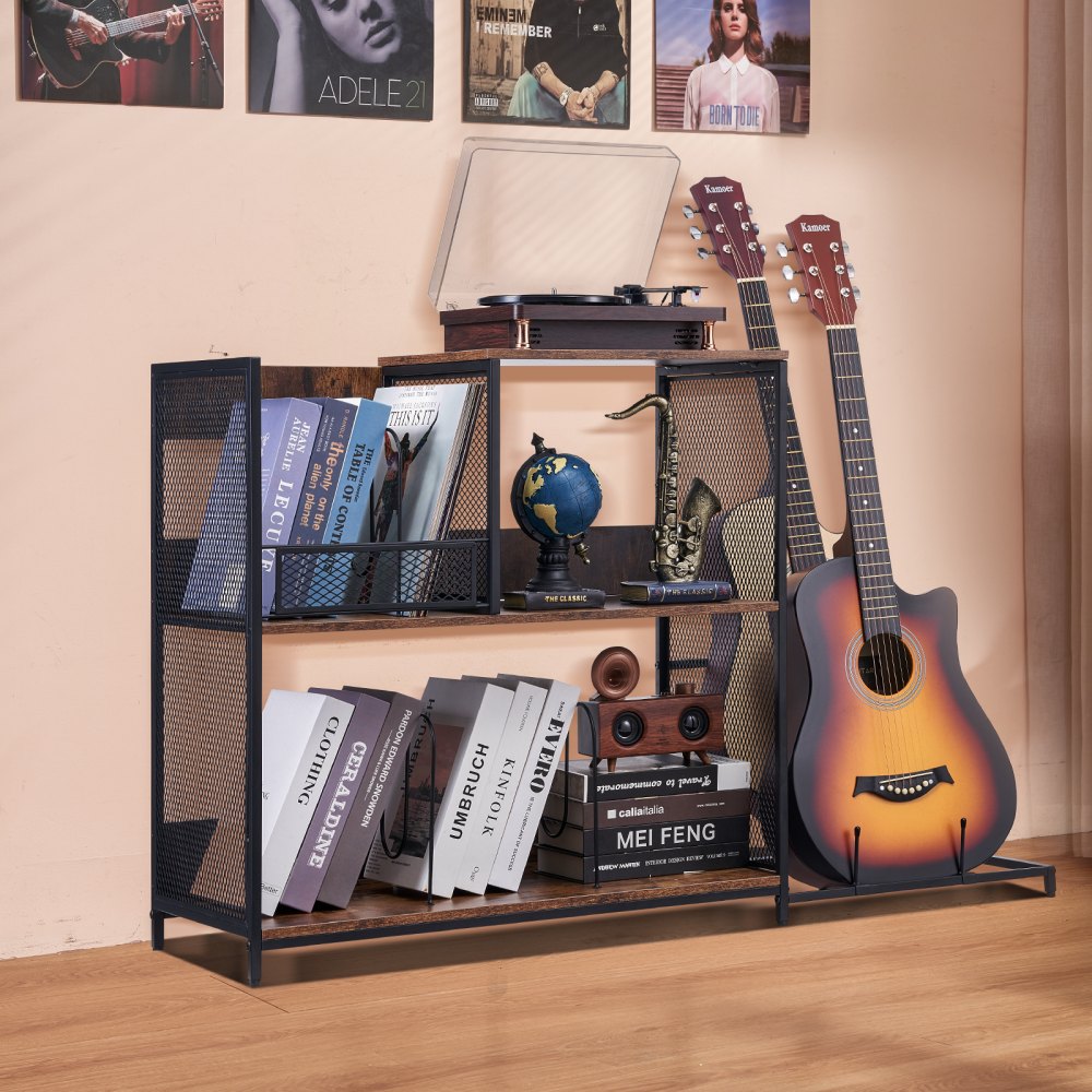VEVOR Record Player Stand 3-Tier Metal Turntable Stand with Guitar Store Black 