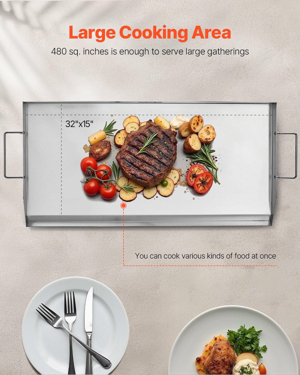 VEVOR 32x16 in Flat Top Griddle Stainless Steel Universal BBQ Grill Pan Cookware 