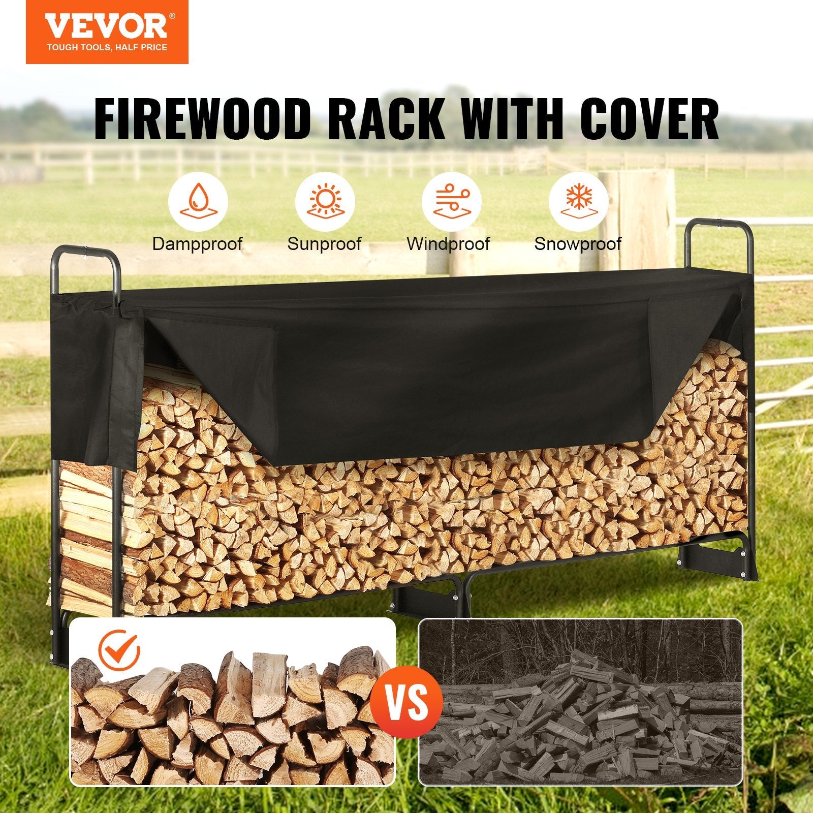 VEVOR 8.5FT Outdoor Firewood Rack with Cover, 102x14.2x46.1 in, Heavy Duty Firewood Holder & 600D Oxford Waterproof Cover for Fireplace, Patio, Indoor/Outdoor Log Storage Rack for 1/2 Cord of Firewood 