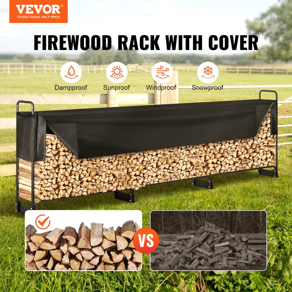 VEVOR 12.7FT Outdoor Firewood Rack with Cover, 152x14.2x46.1in,Heavy Duty Firewood Holder & 600D Oxford Waterproof Cover for Fireplace, Patio, Indoor/Outdoor Log Storage Rack for 3/4 Cord of Firewood 