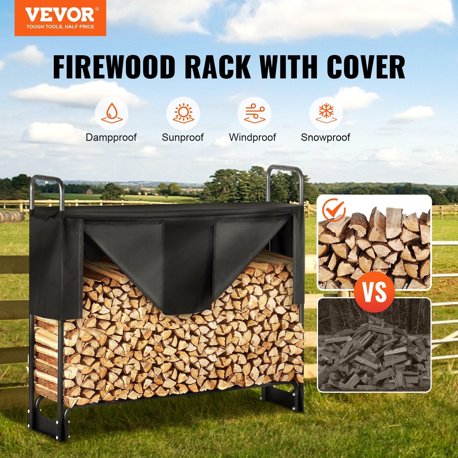 VEVOR 4.3FT Outdoor Firewood Rack with Cover, 52x14.2x46.1 in, Heavy Duty Firewood Holder & 600D Oxford Waterproof Cover for Fireplace, Patio, Indoor/Outdoor Log Storage Rack for 1/4 Cord of Firewood 