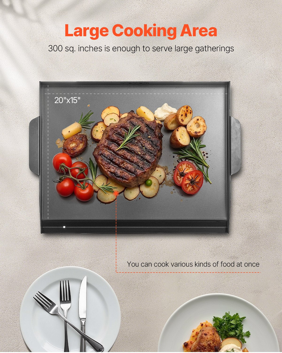 VEVOR 22x16 in Flat Top Griddle Carbon Steel Universal BBQ Grill Pan Cookware 