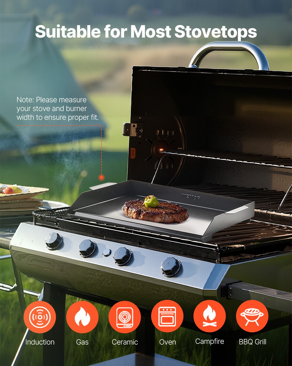 VEVOR 22x16 in Flat Top Griddle Carbon Steel Universal BBQ Grill Pan Cookware 