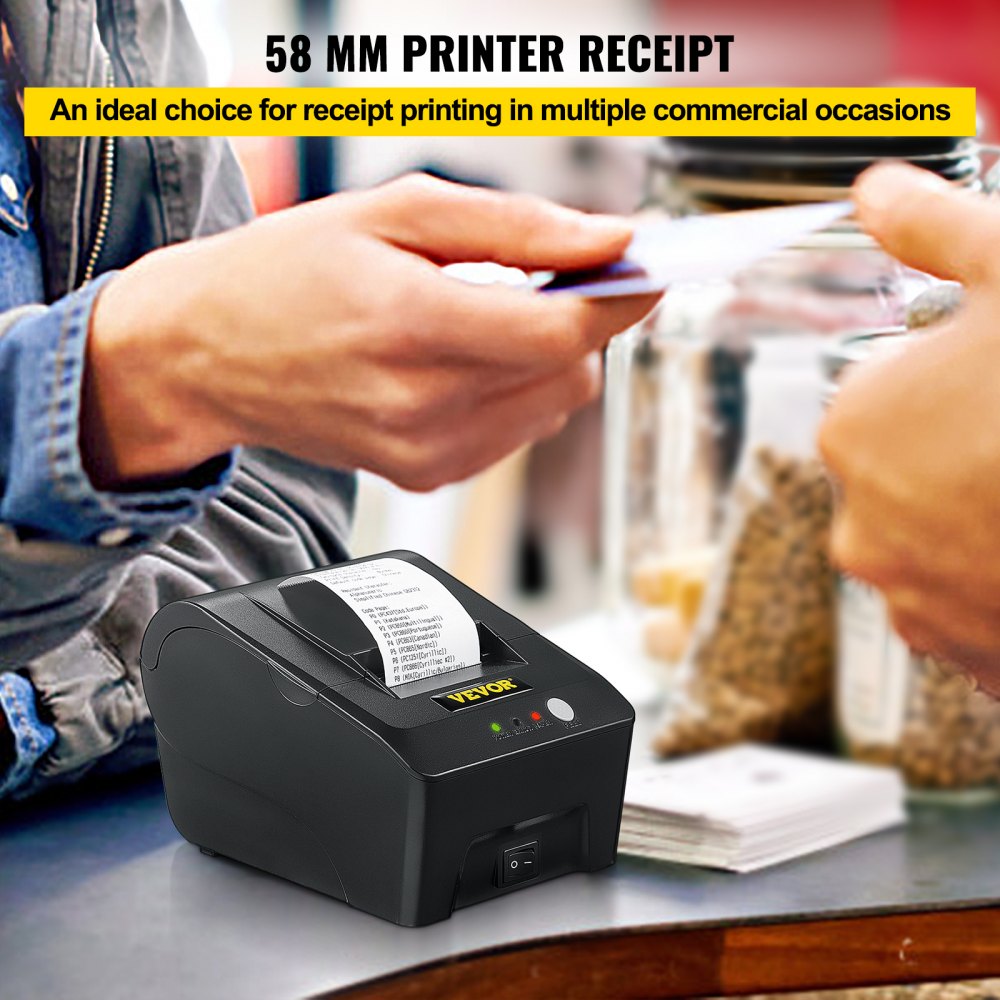 VEVOR Printer Receipt, 58mm Thermal Printer, ESC/POS Command Thermal Receipt Printer, Portable for Bank, Supermarket, Office, Restaurant Support Win 2003/XP/7/8/10 & Cashbox Driver 