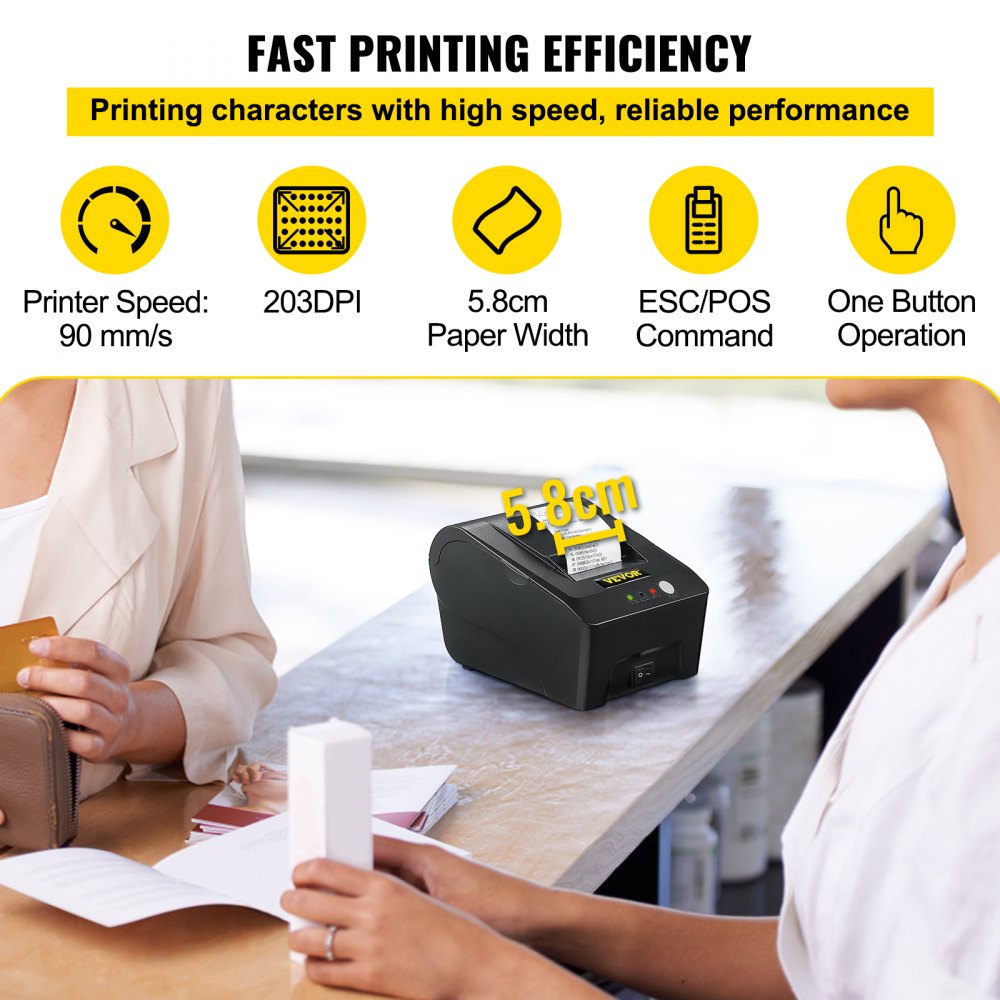 VEVOR Printer Receipt, 58mm Thermal Printer, ESC/POS Command Thermal Receipt Printer, Portable for Bank, Supermarket, Office, Restaurant Support Win 2003/XP/7/8/10 & Cashbox Driver 