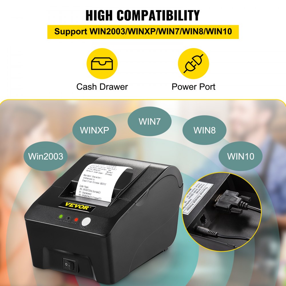 VEVOR Printer Receipt, 58mm Thermal Printer, ESC/POS Command Thermal Receipt Printer, Portable for Bank, Supermarket, Office, Restaurant Support Win 2003/XP/7/8/10 & Cashbox Driver 