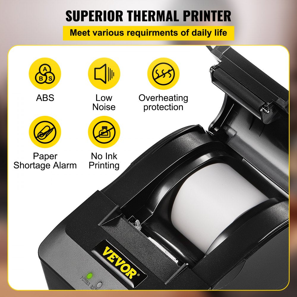 VEVOR Printer Receipt, 58mm Thermal Printer, ESC/POS Command Thermal Receipt Printer, Portable for Bank, Supermarket, Office, Restaurant Support Win 2003/XP/7/8/10 & Cashbox Driver 
