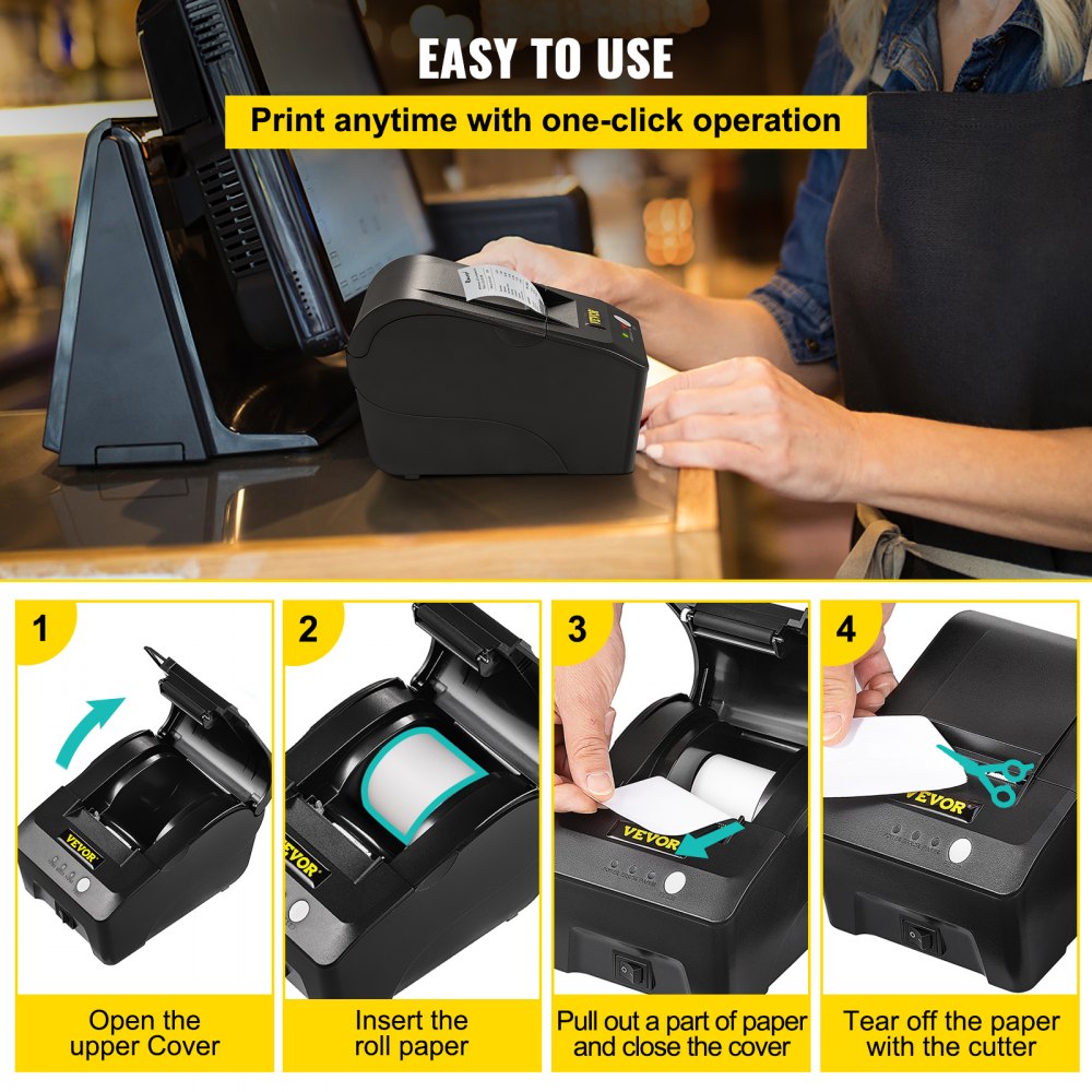 VEVOR Printer Receipt, 58mm Thermal Printer, ESC/POS Command Thermal Receipt Printer, Portable for Bank, Supermarket, Office, Restaurant Support Win 2003/XP/7/8/10 & Cashbox Driver 