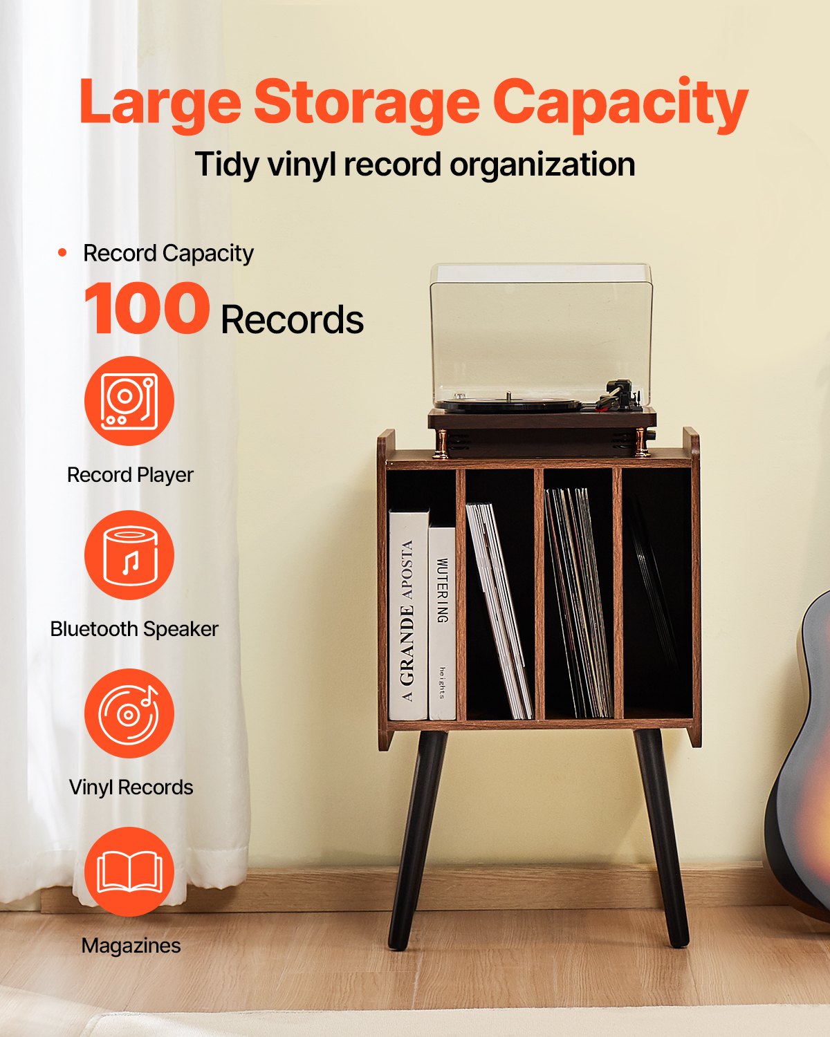 VEVOR Record Player Stand 2-Tier Wood Vinyl Record Stand up to 100 Albums Brown 