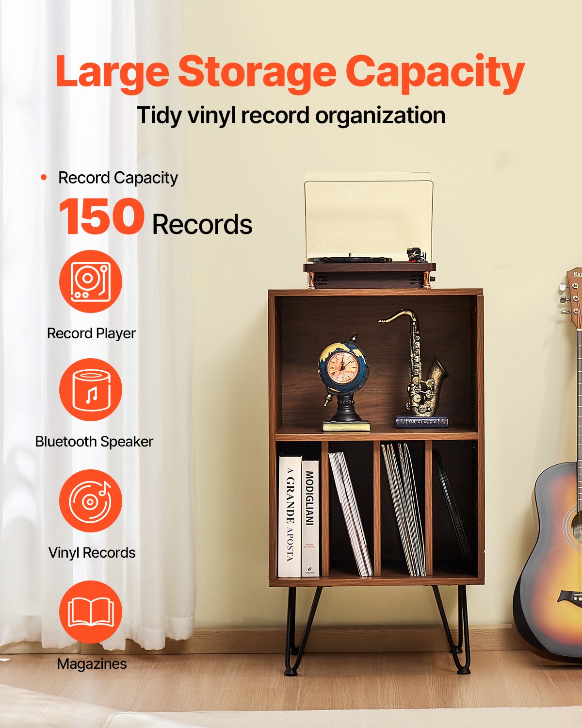 VEVOR 3-Tier Record Player Stand Metal Vinyl Record Stand up to 150 Album Brown 