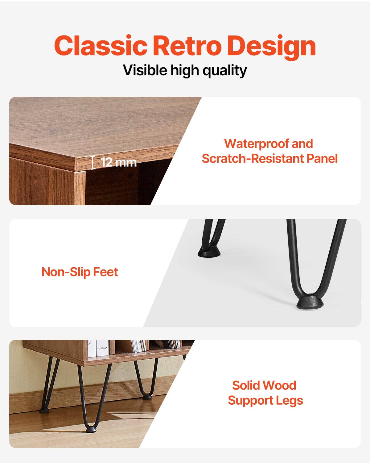 VEVOR 3-Tier Record Player Stand Metal Vinyl Record Stand up to 150 Album Brown 