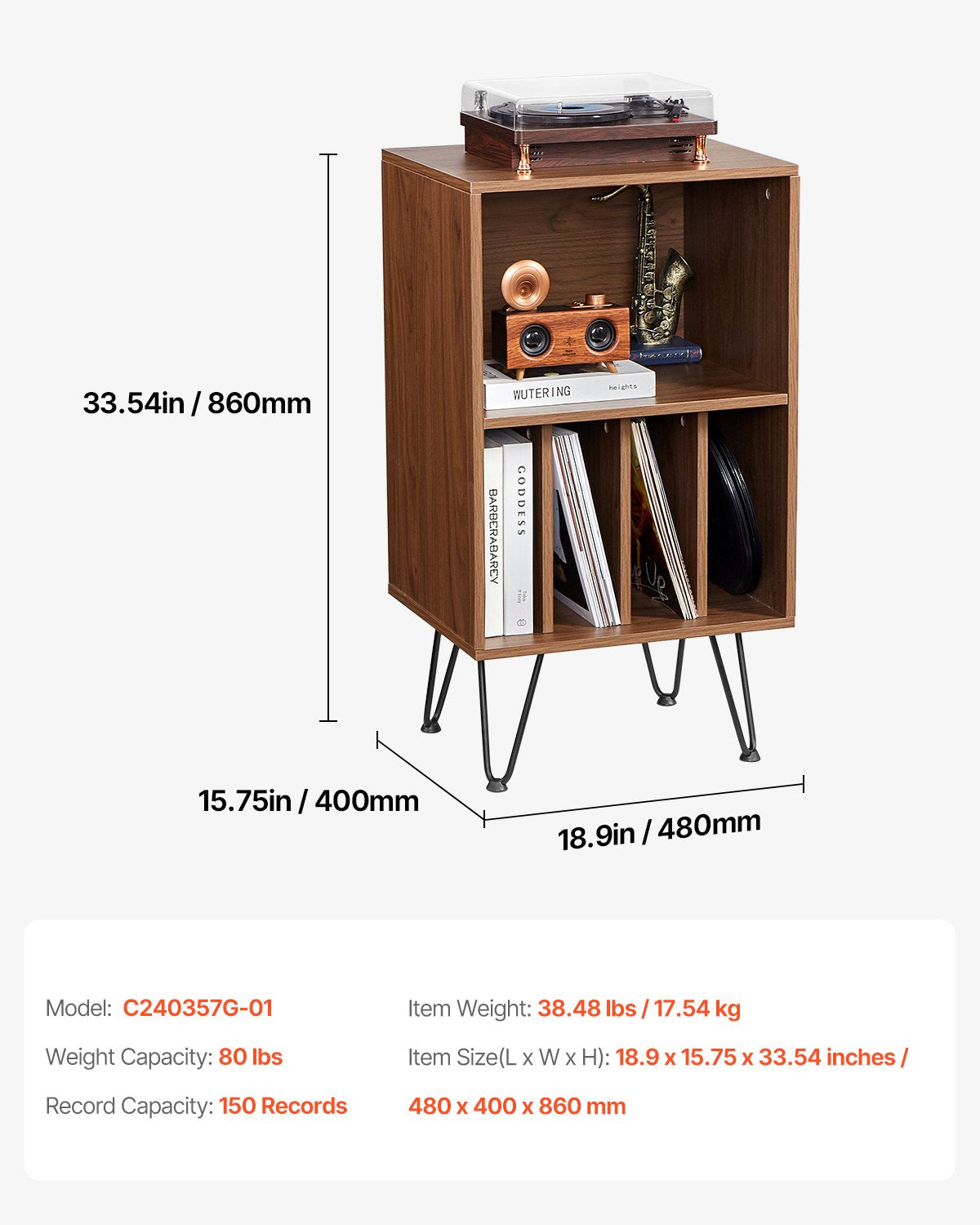 VEVOR 3-Tier Record Player Stand Metal Vinyl Record Stand up to 150 Album Brown 