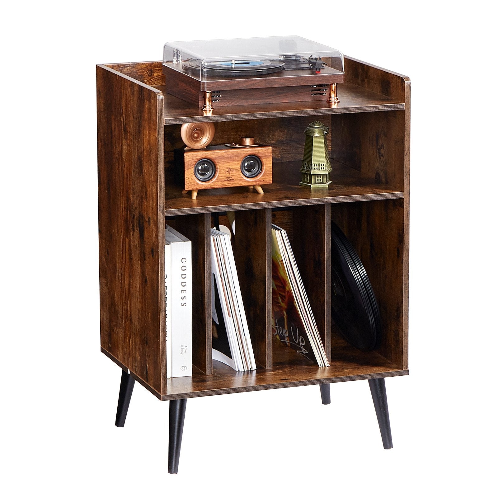 VEVOR 3-Tier Record Player with LED Light & USB Ports Wooden Vinyl Shelf Brown 