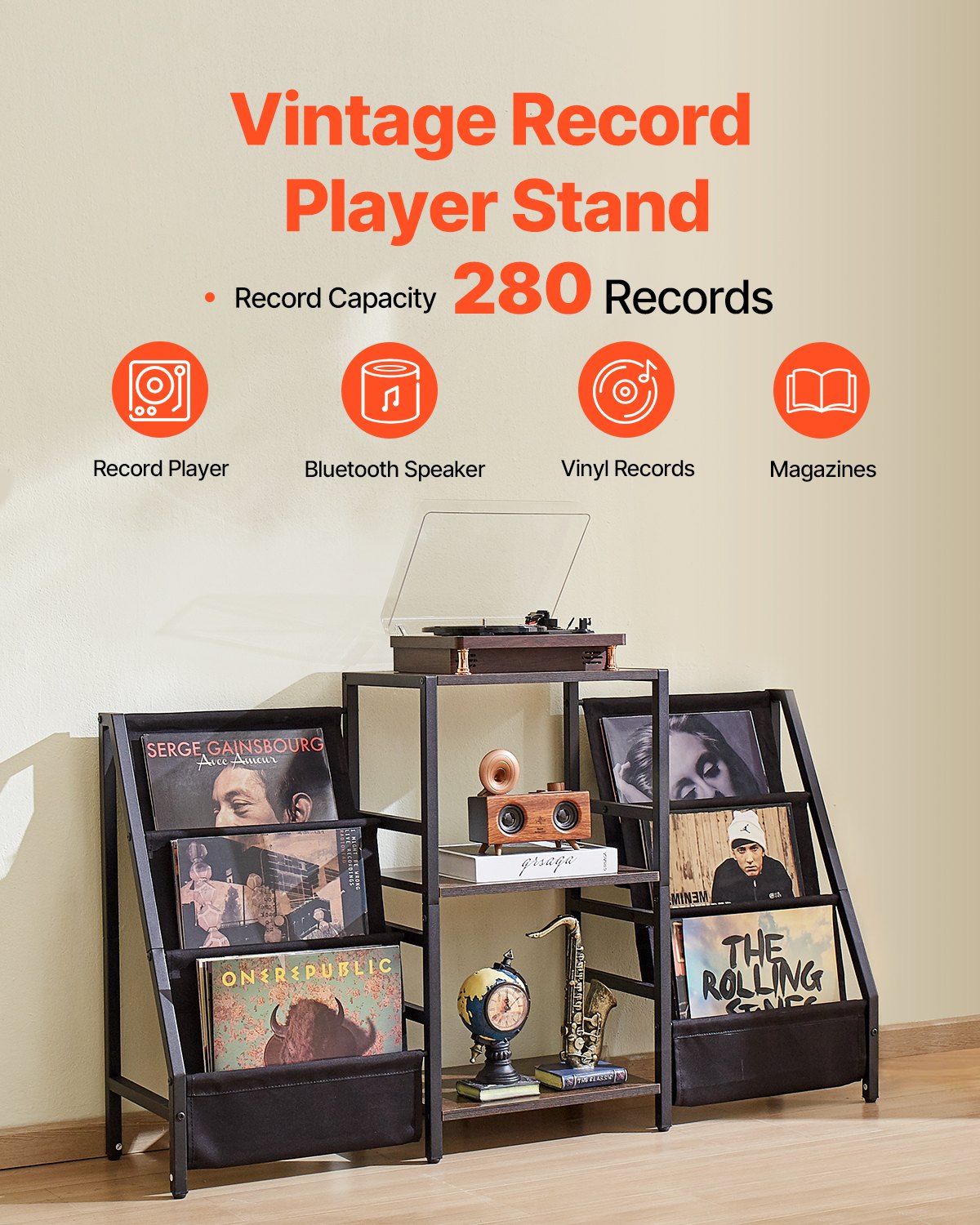 VEVOR 3-Tier Record Player Stand Metal Vinyl Record Stand up to 280 Album Black 