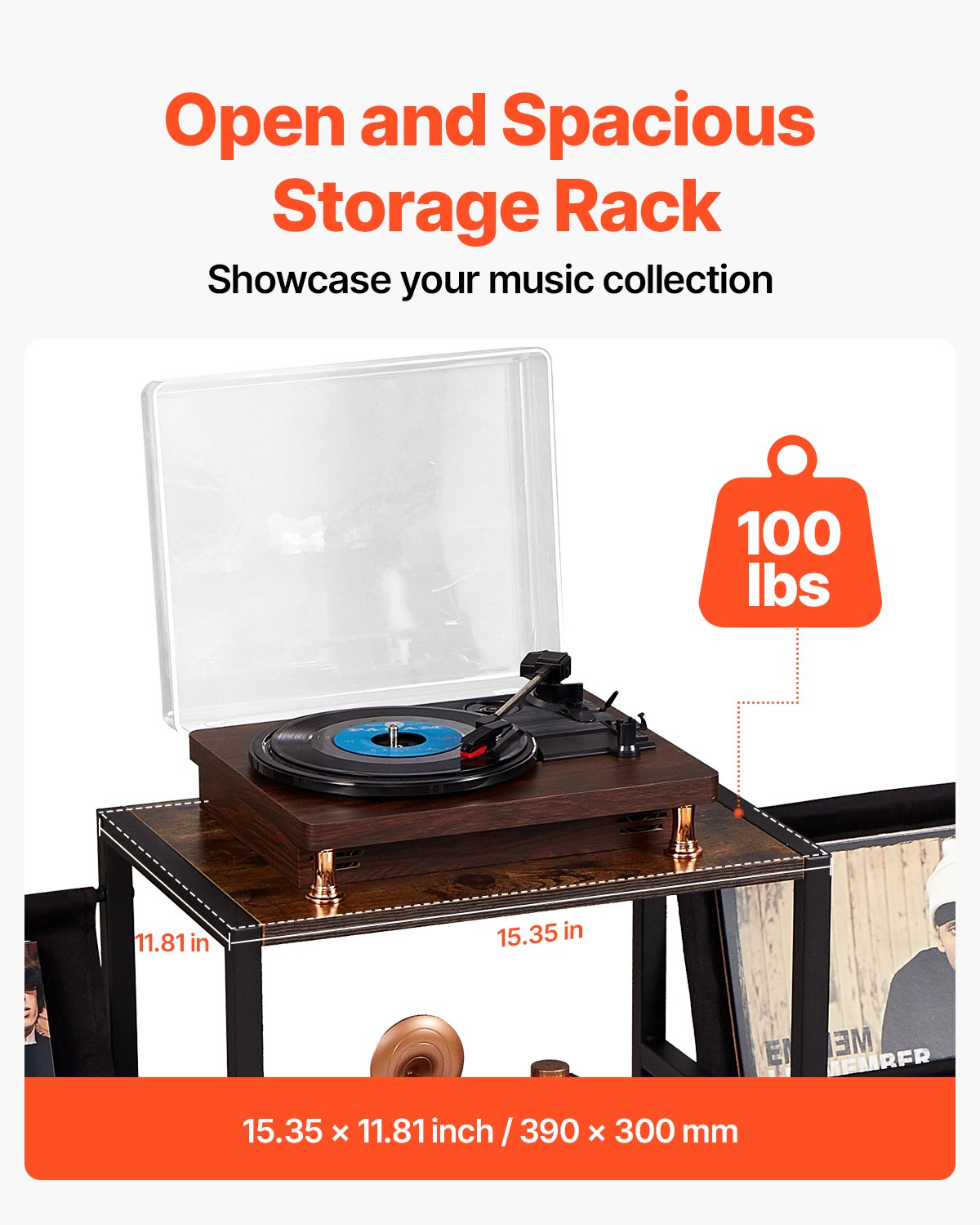 VEVOR 3-Tier Record Player Stand Metal Vinyl Record Stand up to 280 Album Black 