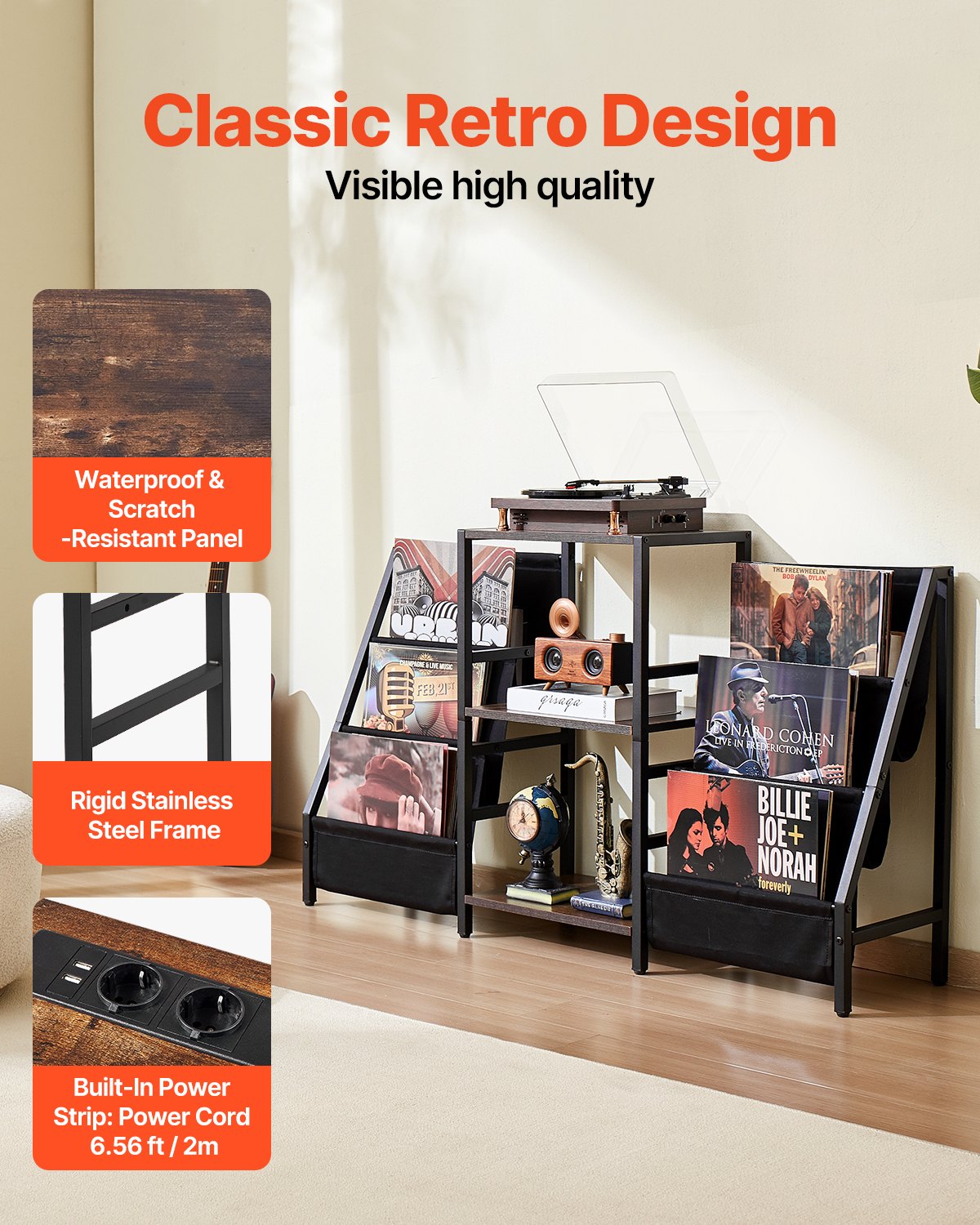 VEVOR 3-Tier Record Player Stand Metal Vinyl Record Stand up to 280 Album Black 